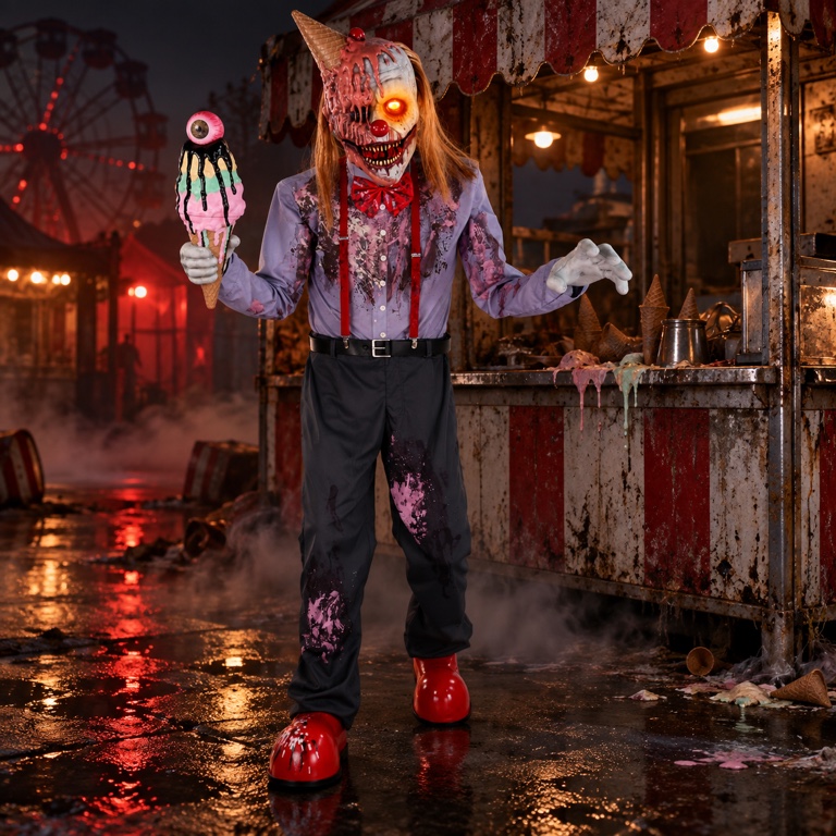 The I Scream Clown animatronic stands in a foggy, abandoned carnival ice-cream stand at night.