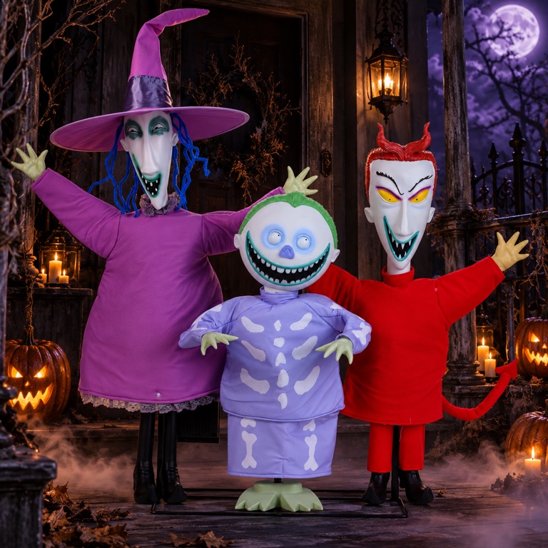 The Lock, Shock and Barrel animatronic trio stands on a dark gothic Halloween porch with pumpkins and fog.
