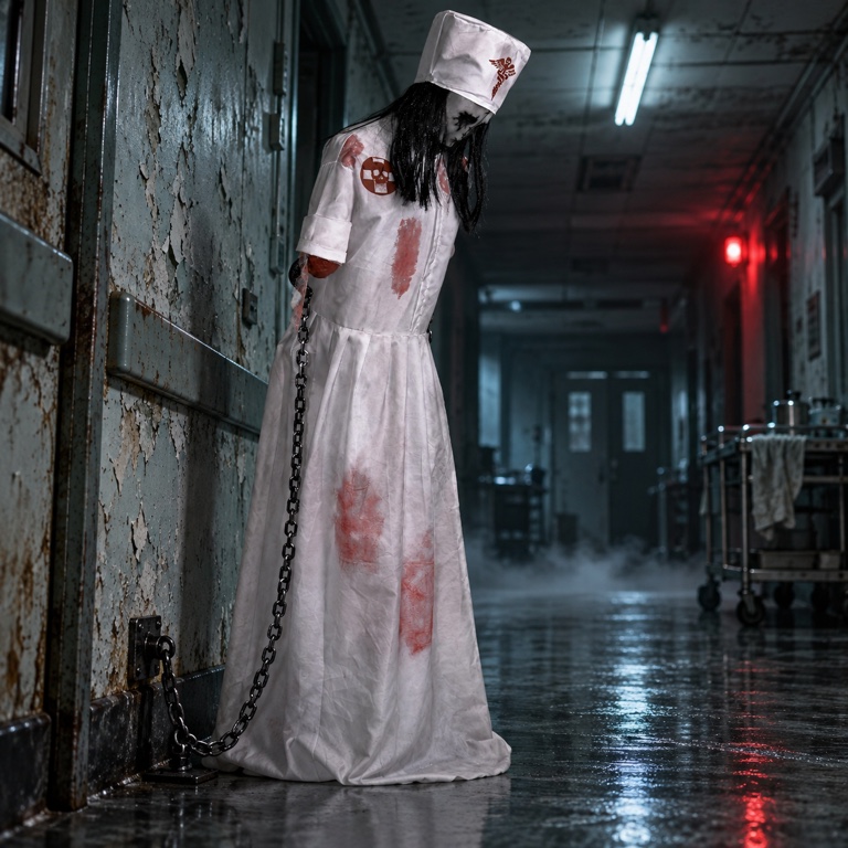 The Convulsing Nurse animatronic stands chained inside a dim, abandoned hospital corridor.
