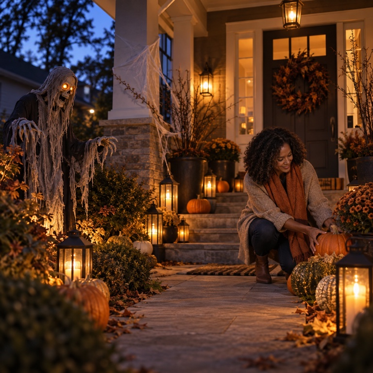 A decorator adjusts pumpkins along a lantern-lit Halloween front walk while a spooky figure waits near the porch.