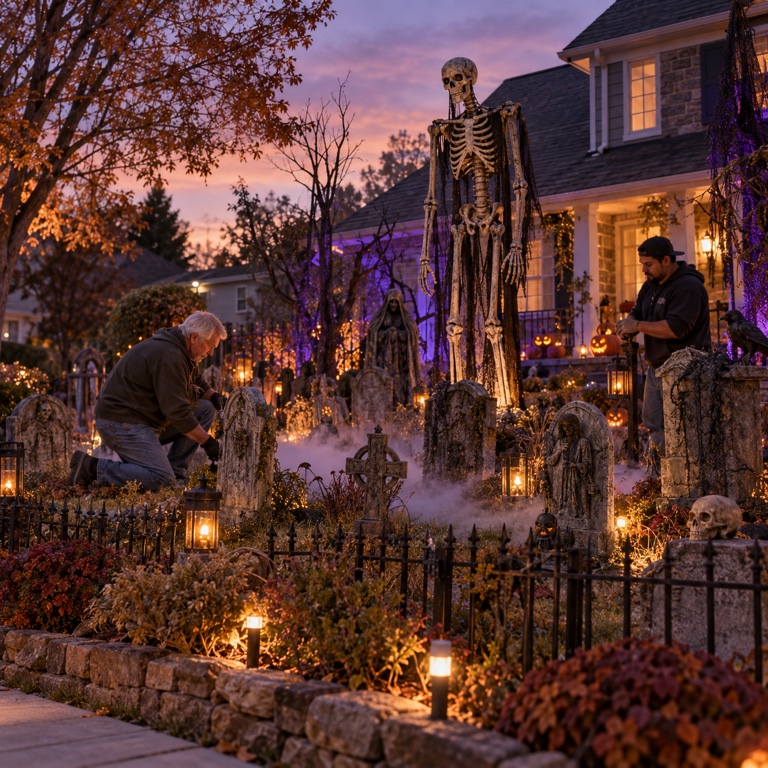 Two decorators build a large Halloween graveyard scene around a towering skeleton centerpiece.