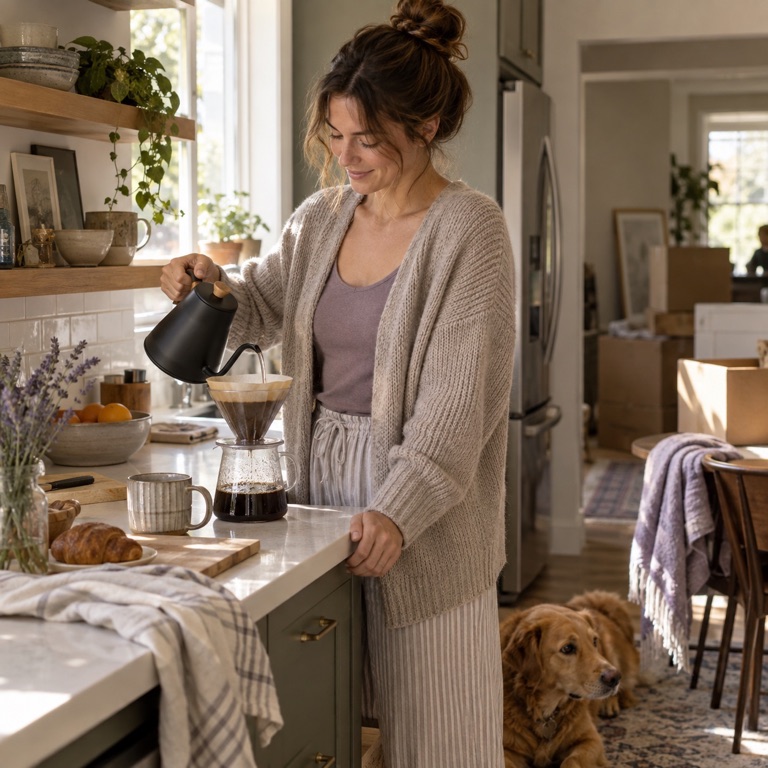 A homeowner settling into a daily kitchen routine.