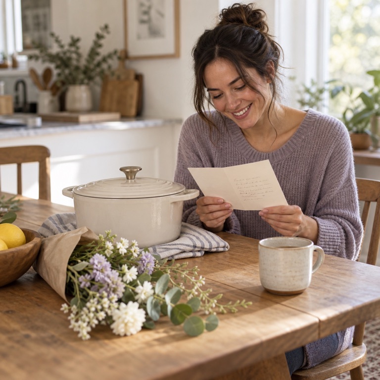 A useful housewarming gift and card on a kitchen table.