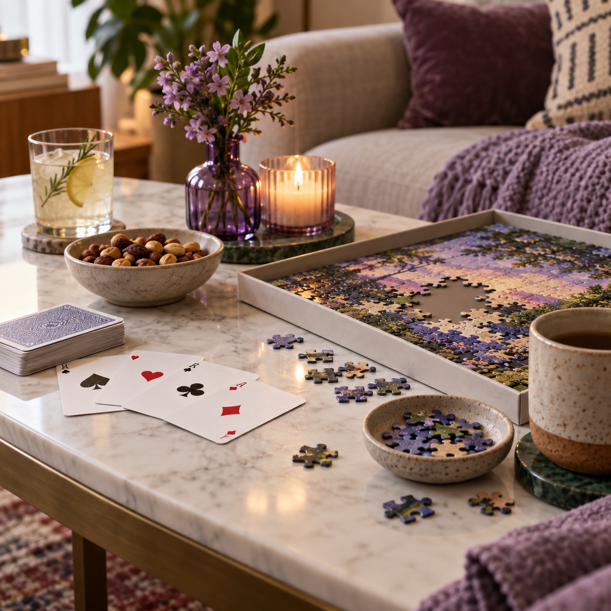 Playing cards and an unfinished jigsaw puzzle on a coffee table