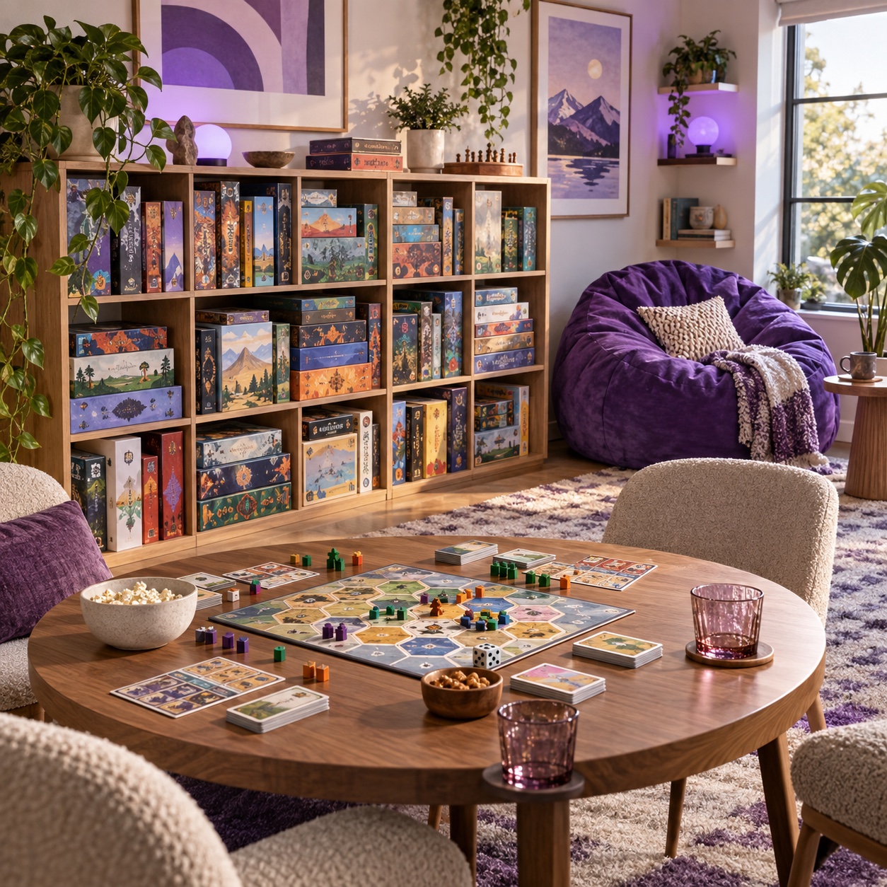 A neat shelf of board games beside a table set up for play