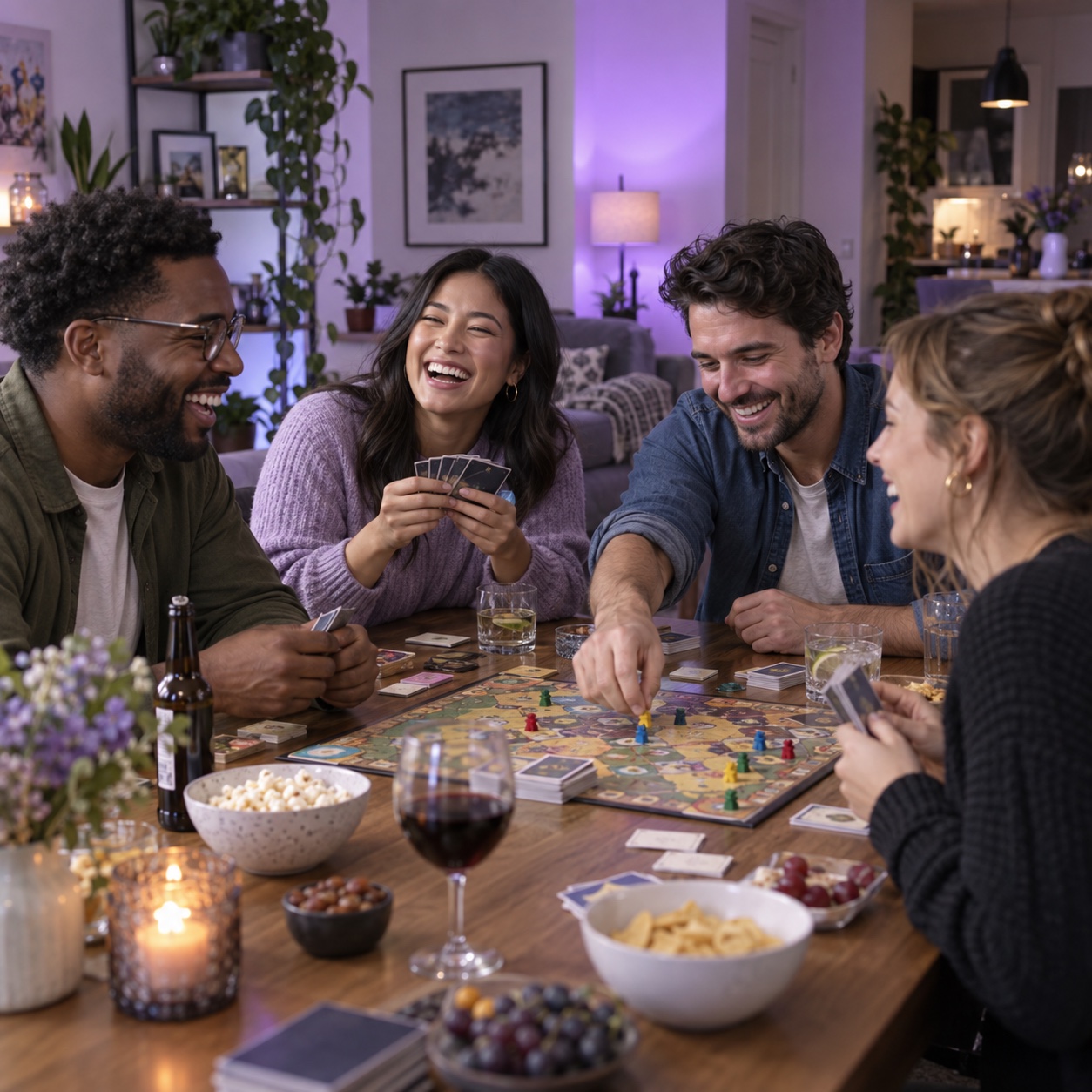 Friends laughing around a dining table during a casual game night