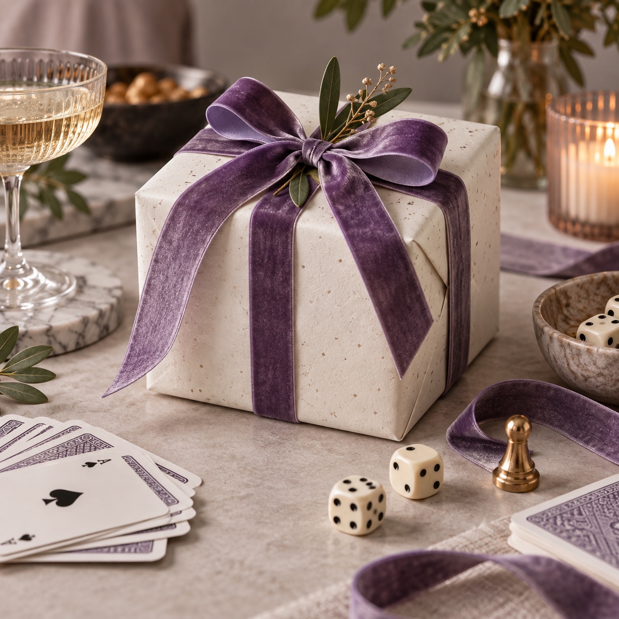 Wrapped game-night gift on a table with cards, dice, and festive ribbon