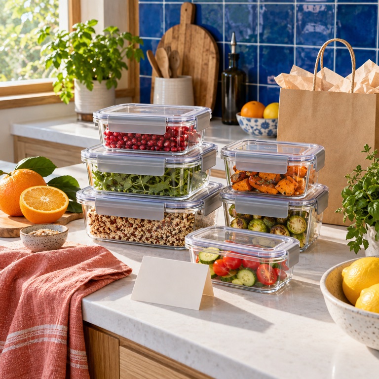 Food-storage containers and a housewarming card on a kitchen counter.