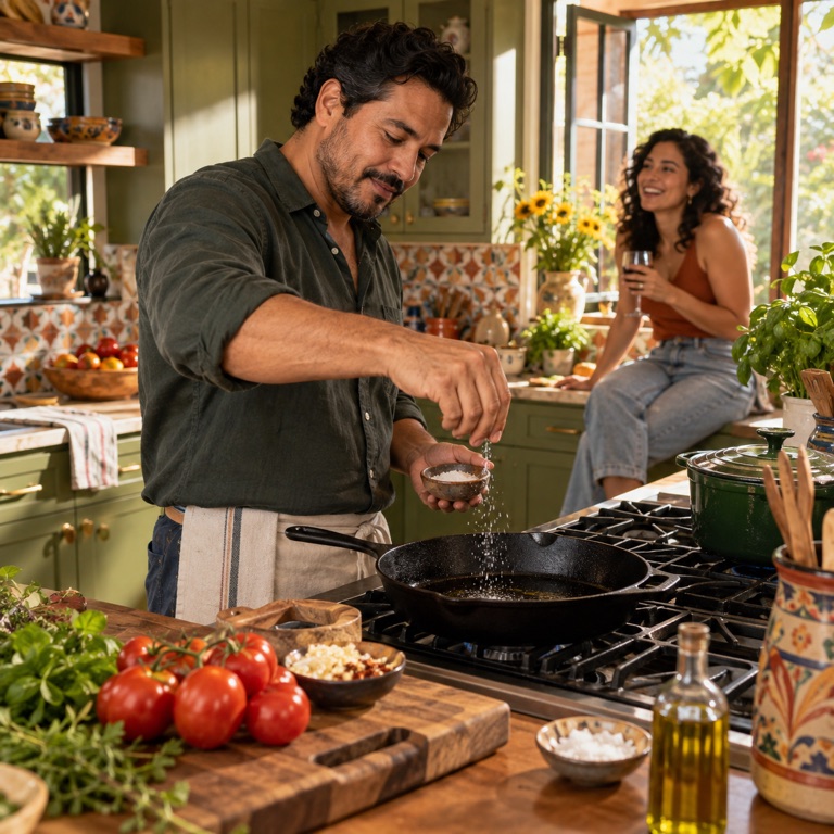 A home cook seasons a cast-iron skillet in a colorful kitchen while a friend visits.