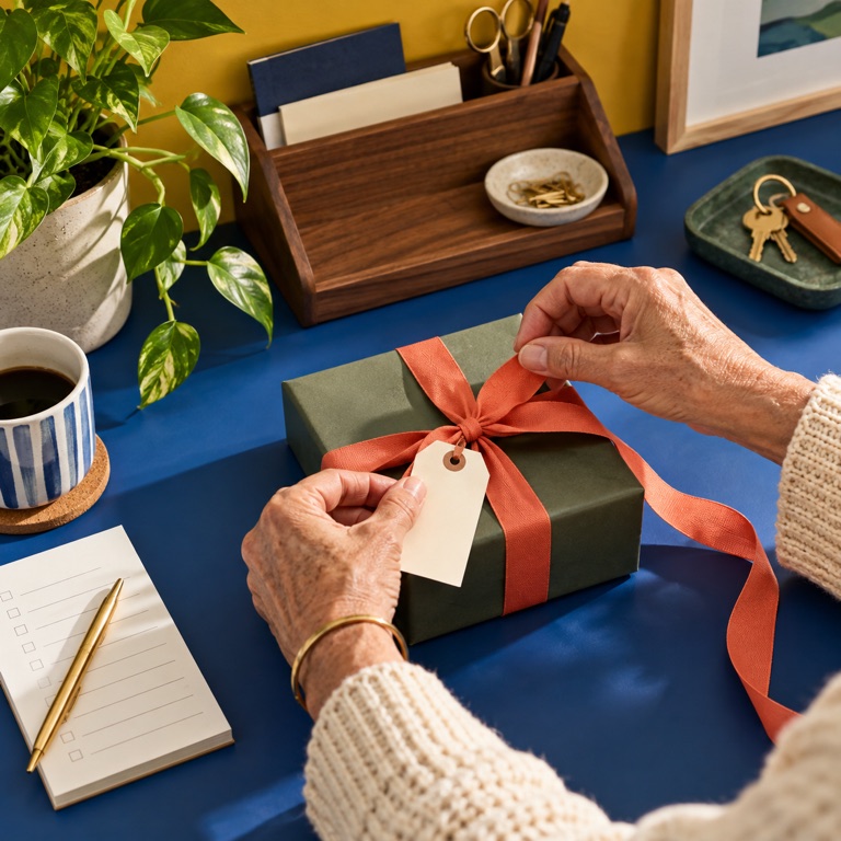An older person ties a coral ribbon and blank gift tag onto a practical housewarming gift.