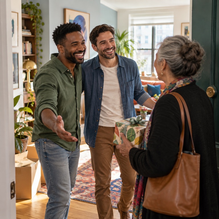 Two new homeowners welcome an older relative carrying a wrapped housewarming gift.
