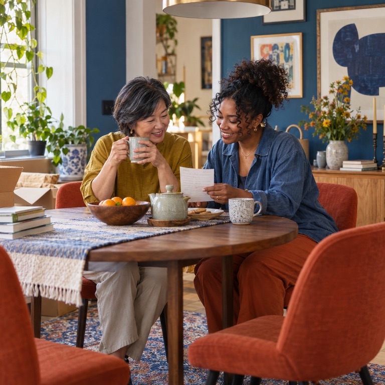 An older aunt and her niece talk over tea in a newly settled dining nook.