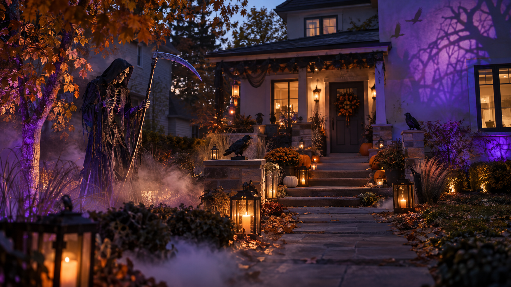 A decorated Halloween entryway