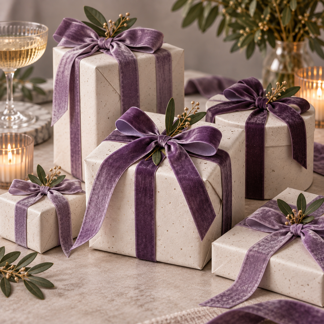 Several gifts wrapped in ivory paper with plum velvet ribbons