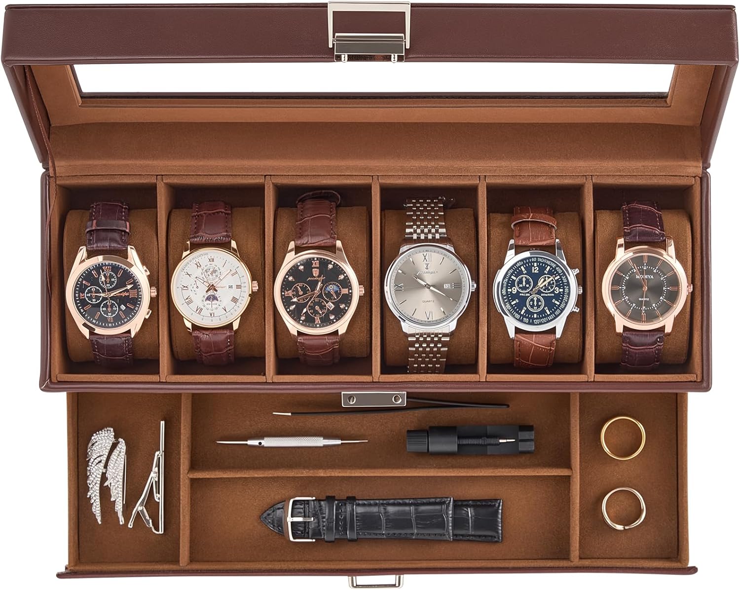 ProCase Watch Box, 6 Slot Watch Display Case with Drawer — Espresso