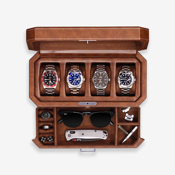 ROTHWELL 4 Slot Leather Watch Box with Valet Drawer — Tan