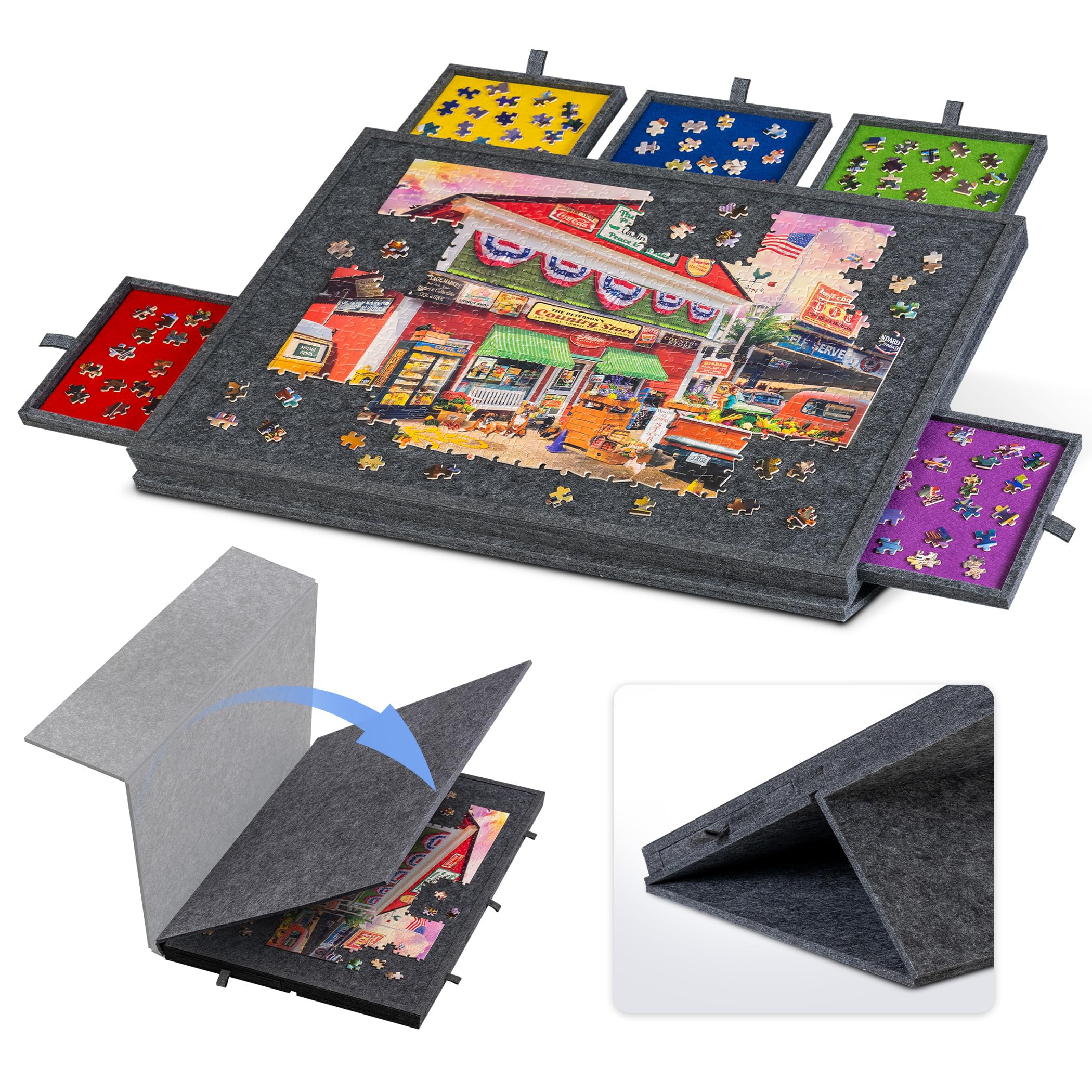 Lavievert Tilting Puzzle Board with 2-in-1 Designed Stand & Cover, Super Lightweight Felt Plateau Storage with 5 Drawers for Adults, Portable Jigsaw Puzzle Table for Up to 1000 Pieces – Gray